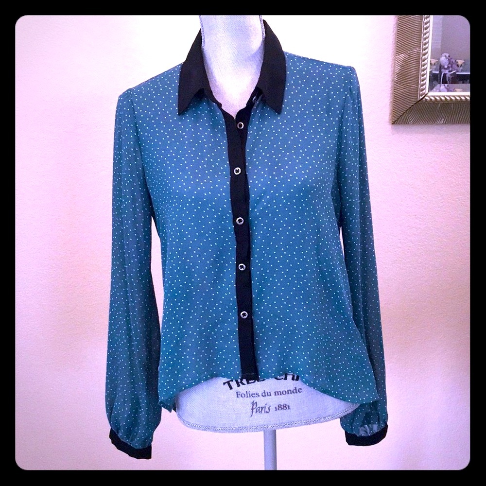 HAVE Polka Dot Button Down Green Blouse Medium